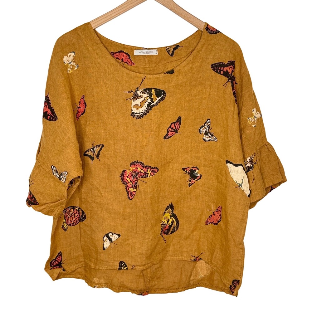 Butterfly Print Linen Blouse Womens S Mustard Yellow Boho Fall Indie Lagenlook